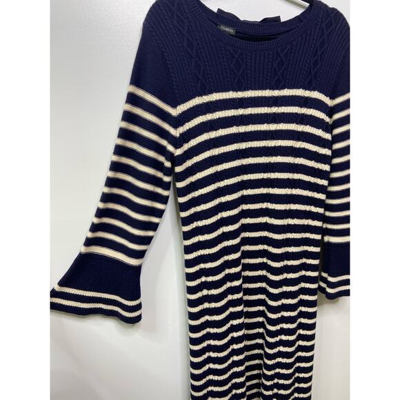 Talbots Stripe Sweater Dress Bell Sleeve Scoop Neck Bow Detail Midi Navy White L - Picture 2 of 7